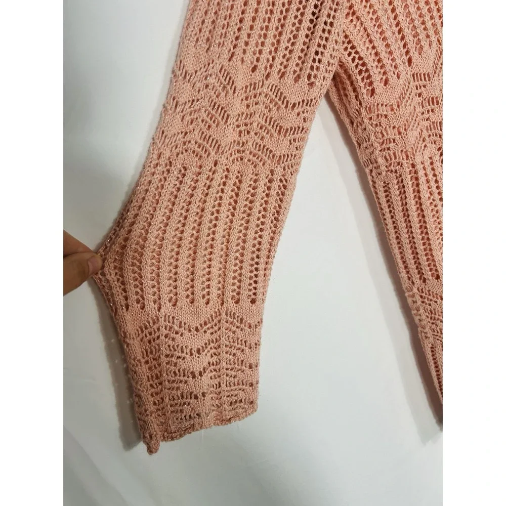 Vintage Womens Open Knit Boho Crochet Sweater Pink Fairy Coquette Asymmetric Y2K